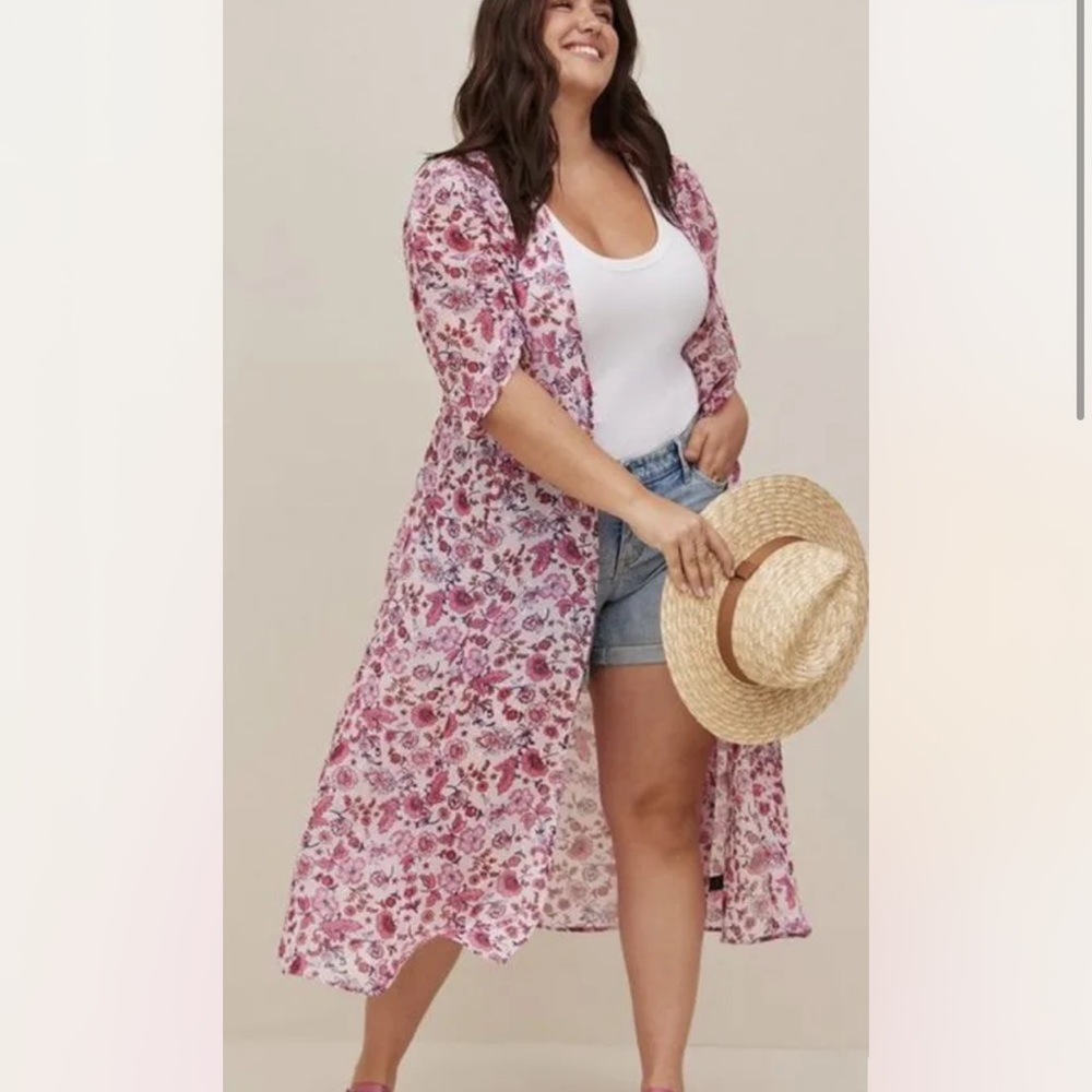 Torrid Ruched Sleeve Kimono - Swiss Dot Chiffon Floral Pink